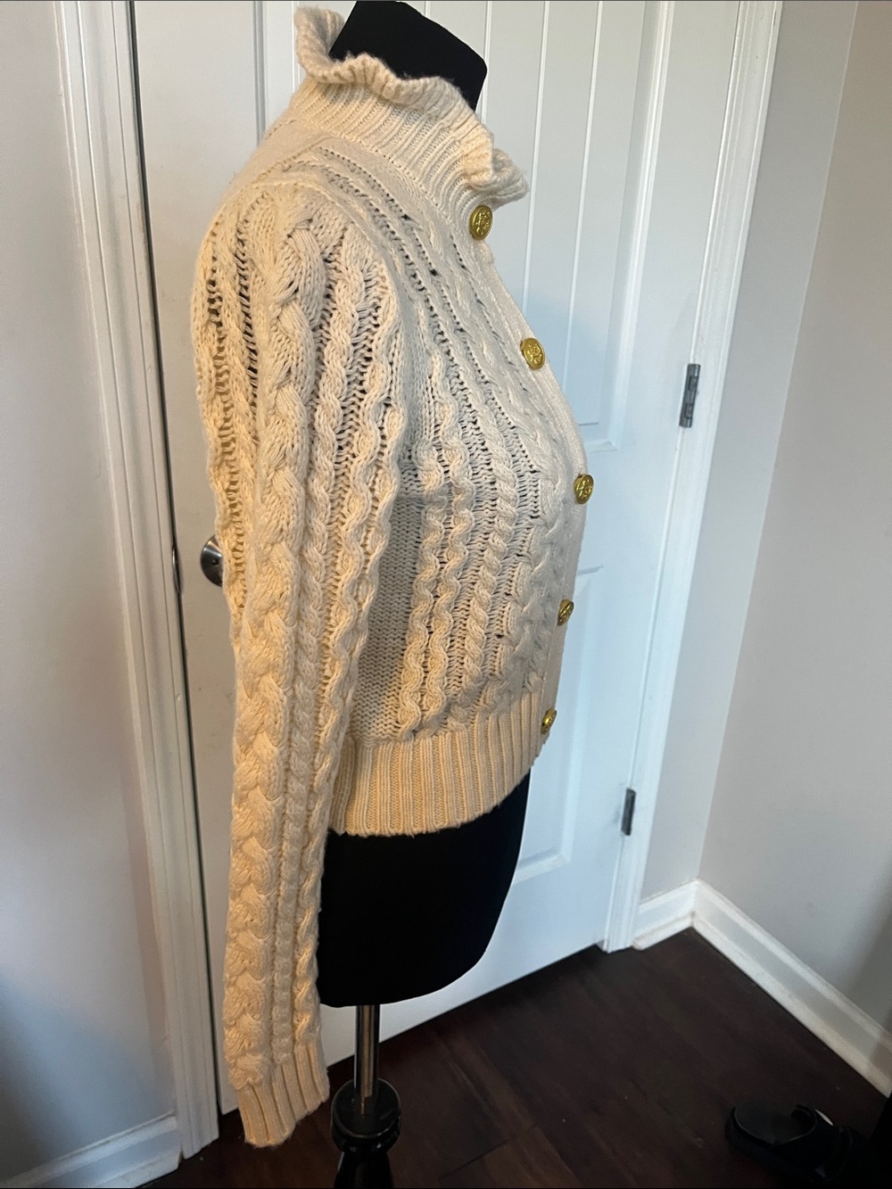 J. Crew Cream Cable-Knit Ruffle Collar Cardigan with Gold Buttons - Picture 2 of 5